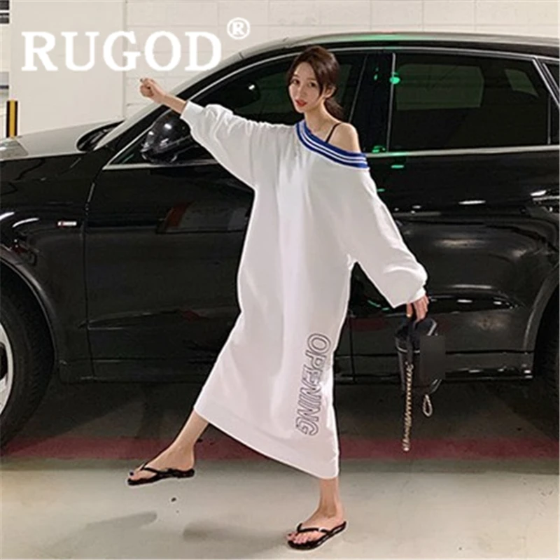 RUGOD женское белое платье свитер с вырезом лодочкой рукавом фонариком и буквенным