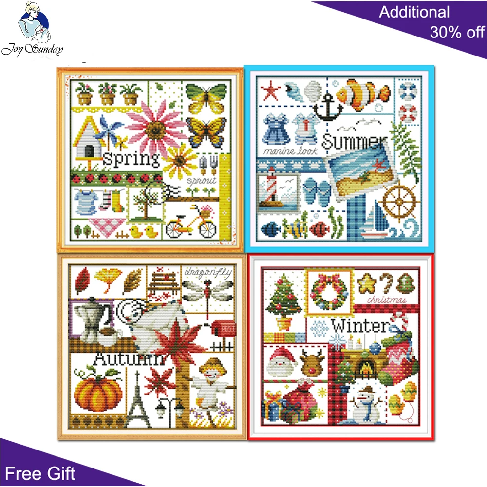 Joy Sunday Four Seasons Home Decor K940K941K942K943 14CT 11CT Counted and Stamped Spring Summer Autumn Winter Cross Stitch kit