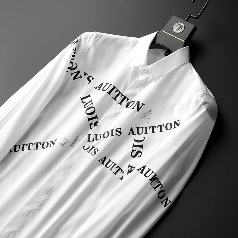 

Quality Men's High Shirts Letter Print Long Sleeve Slim Casual Shirt Business Office Dress Social Tops Streetwear Chemise Homme