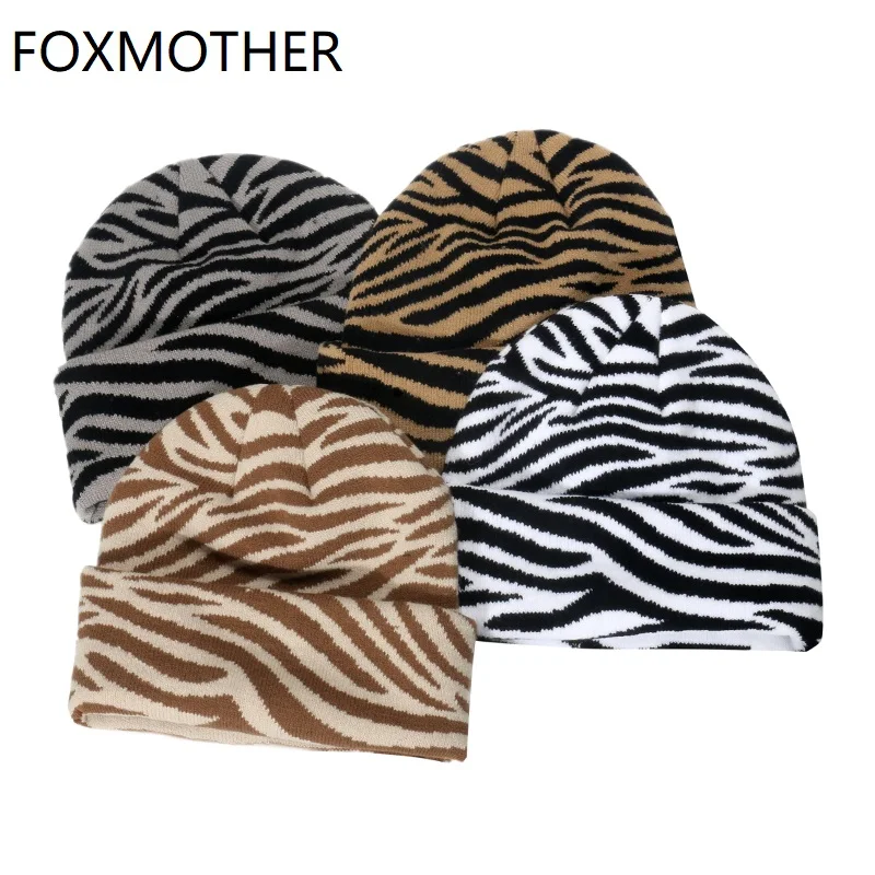 

FOXMOTHER New Fashion Winter Beanies Caps Warm Zebra Knitted Hats For Women Lady Mother Gifts