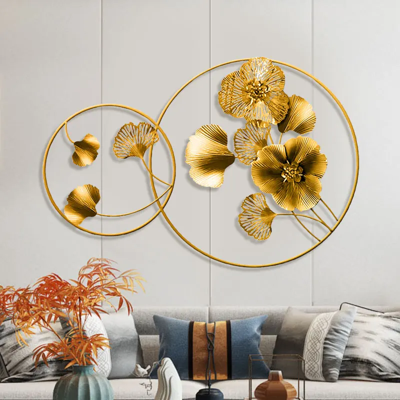 

Luxury Wrought Iron 3D Wall Hanging Double Ring Ginkgo Leaf Home Livingroom Wall Mural Crafts Hotel Wall Sticker Decoration Art