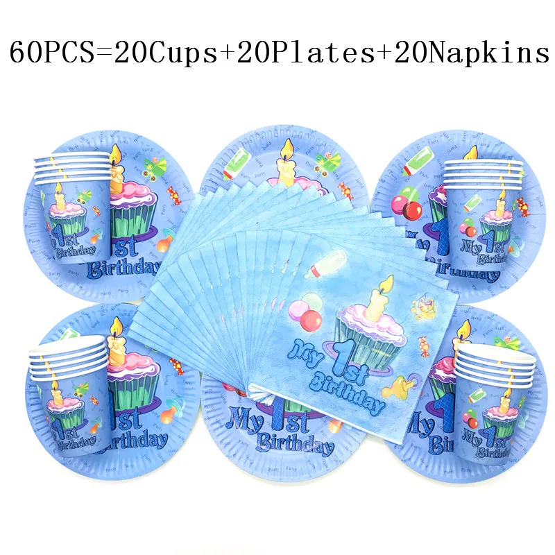 

Hot Sale My First Birthday 40PCS/lot Family Party Disposable Tableware Birthday Party Baby Shower Blue Cup Plate Napkin Supply