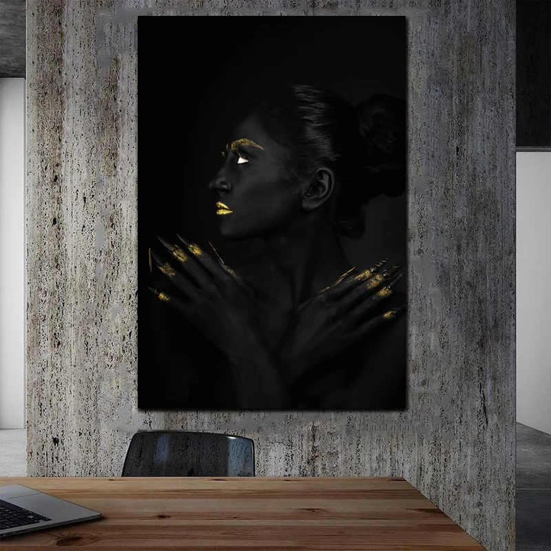 Постер с изображением женщины из черного золота картины на холсте настенные для