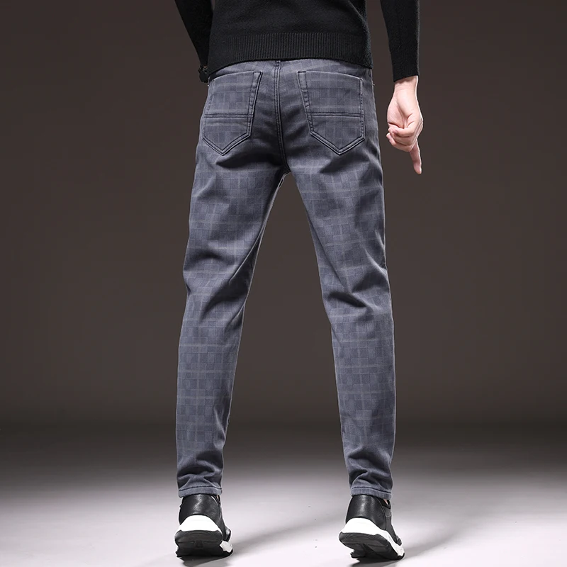 

Men Clothing Winter Plus Cashmere Casual Pants Fashion Plaid Slim Stretch Male Trousers Dark Gray Black Red Plus Size 38 40