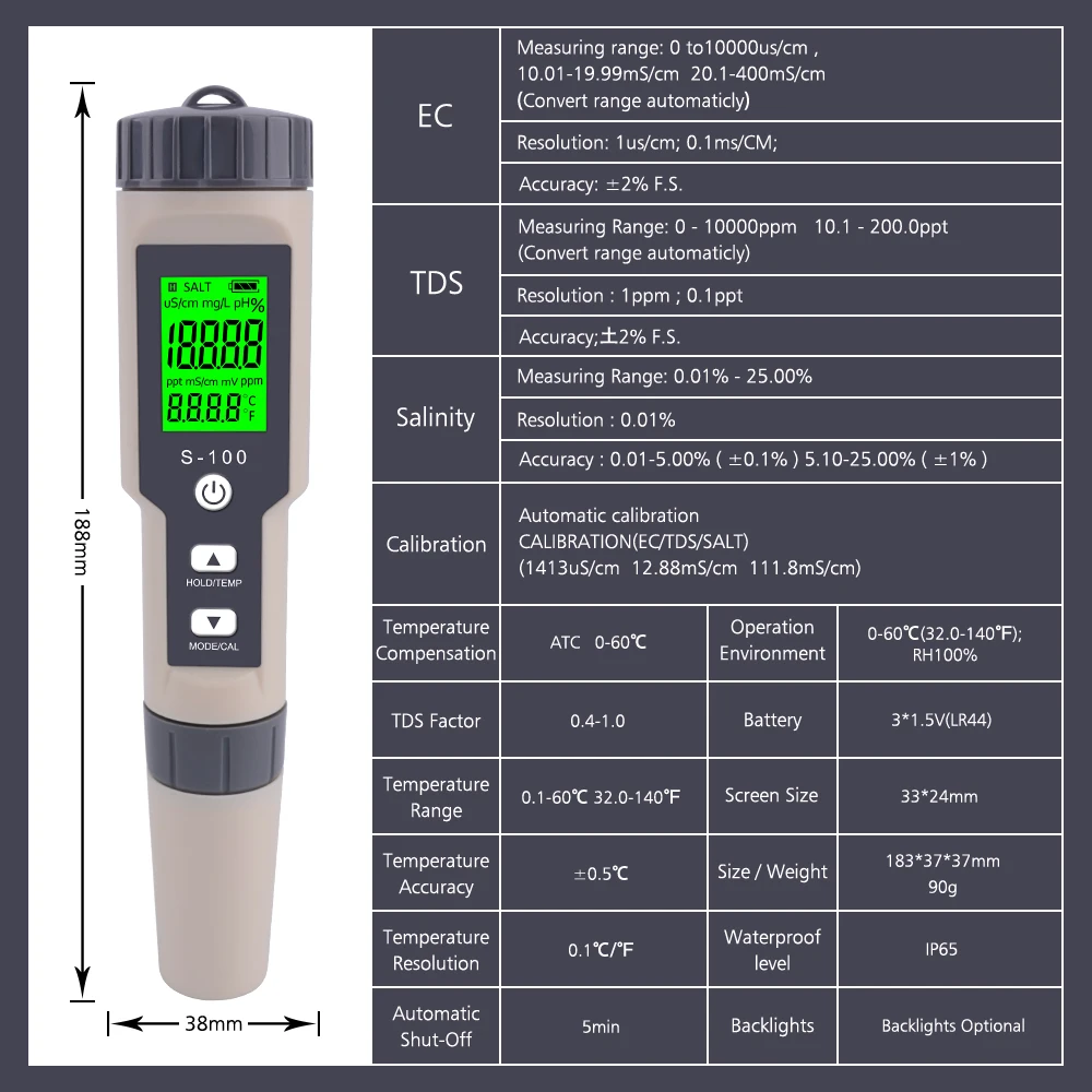 Yieryi 4 в 1 соль/EC/TDS/TEMP метр S-100 соль метр тестер солености водонепроницаемый соленомер датчик качества воды измерительный инструмент