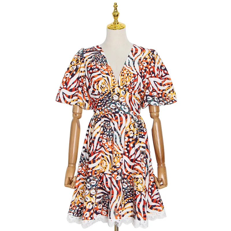 

Han Feng Design New Summer Plant Pattern Printed High Waist Dress V-Neck Light Cooked A- Line Skirt
