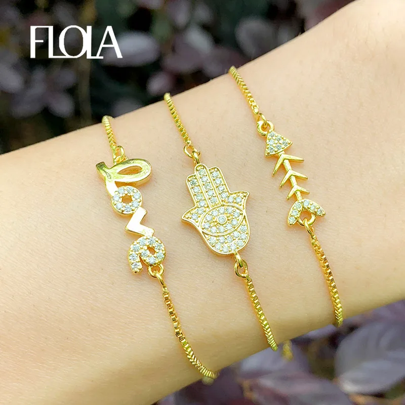 FLOLA Золотые заполненные Хамса Браслеты для женщин рыба кость любовь буквы