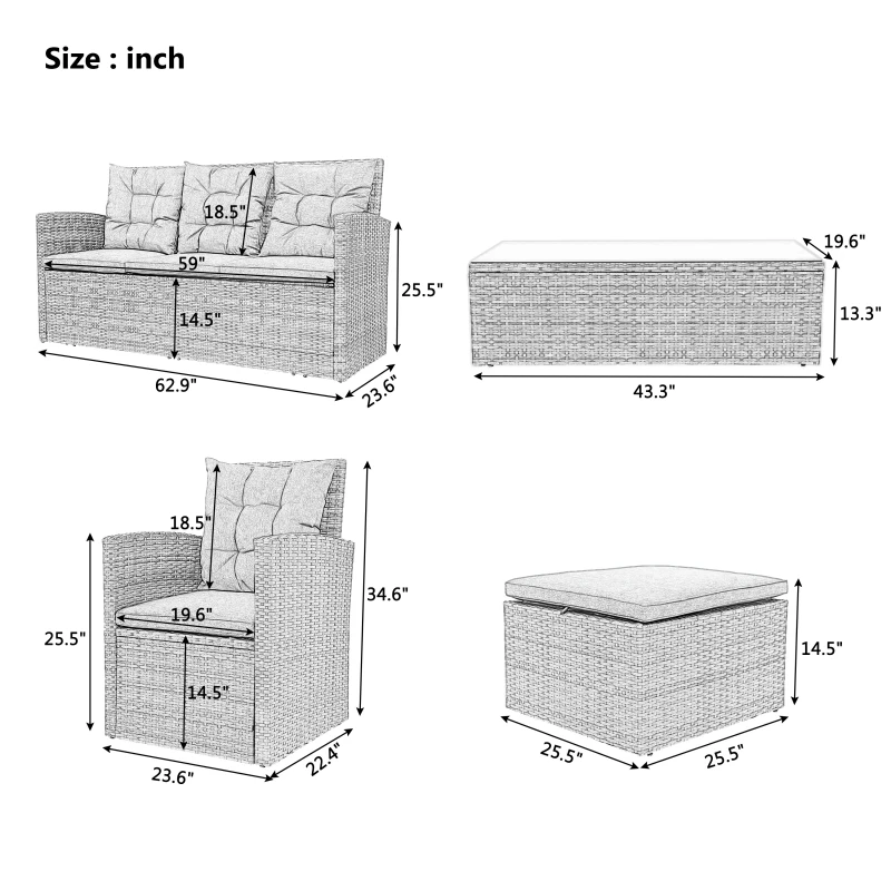 

5-piece Outdoor UV-proof Patio Sofa Set with Storage Bench All Weather PE Wicker Furniture Coversation Set with Glass Table Gray