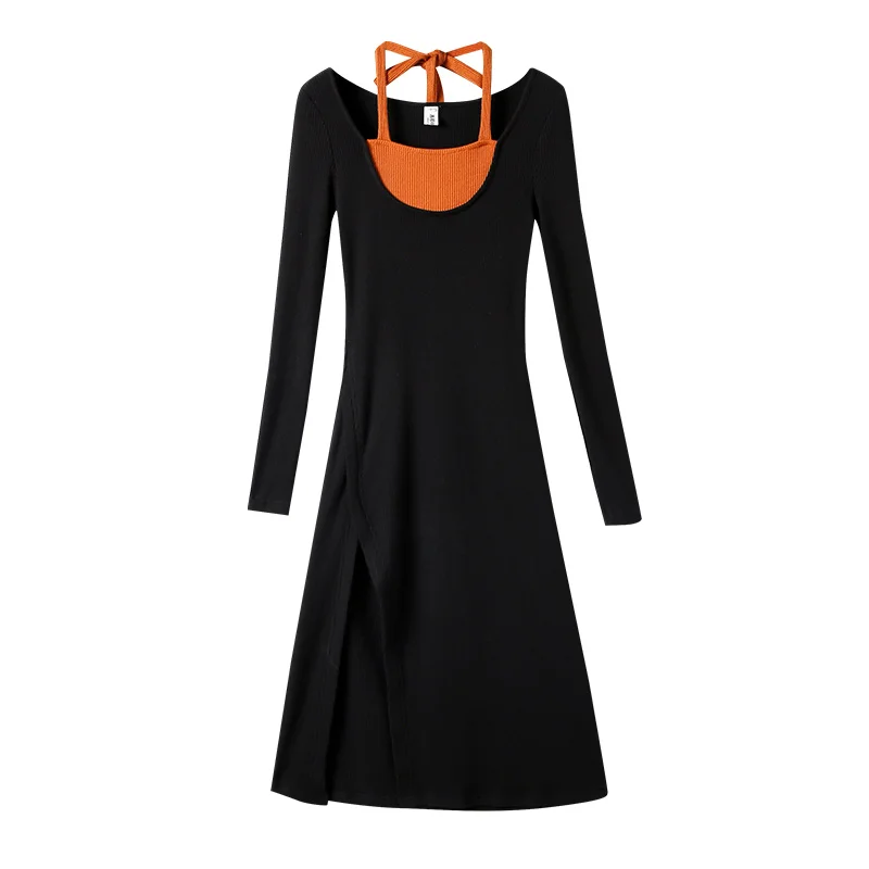 

Fashion women's dress 2021 new design sense suspenders little black dress split ends slimming tight dress