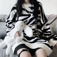 houzhou oversized sweater women autumn winter knitted zebra pattern streetwear harajuku sweater casual loose female tops