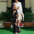 Осеннее атласное платье-макси VONDA 2022, Женские Мешковатые платья с длинным рукавом и бантом, богемное плиссированное платье с цветочным принтом и бантом, большие размеры