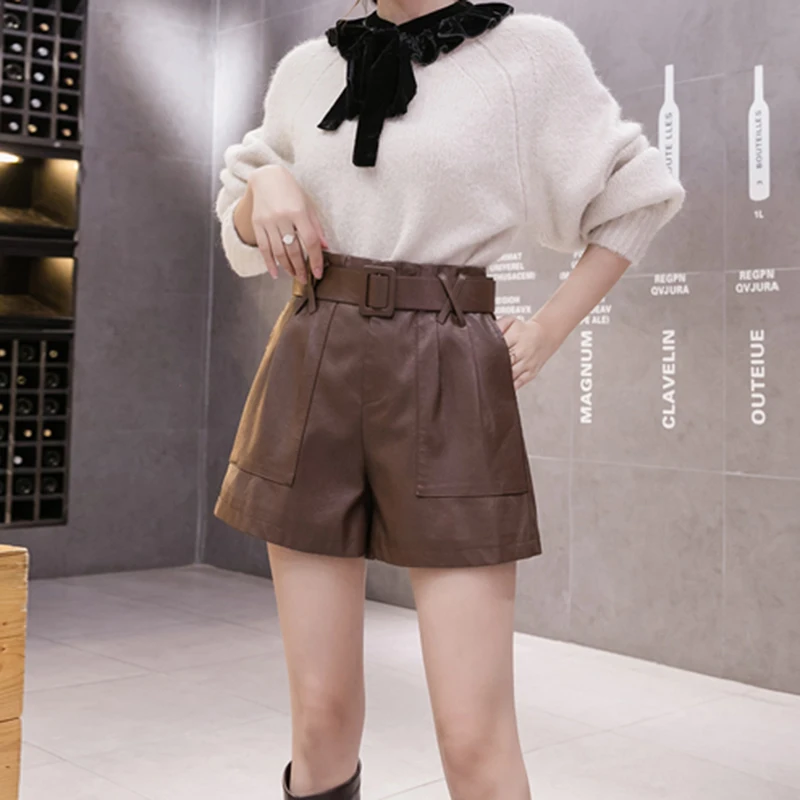 

Lucyever PU Motorcycle Leather Shorts Women 2020 Autumn Winter New Slim A-line Shorts Woman Fashion Sashes Pockets Black Shorts