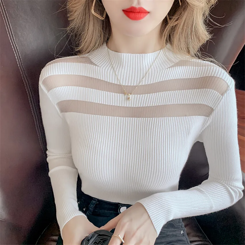 

Женский трикотажный свитер с высокой горловиной, черный или белый Однотонный свитер с сетчатыми вставками в стиле пэчворк, Осень-зима