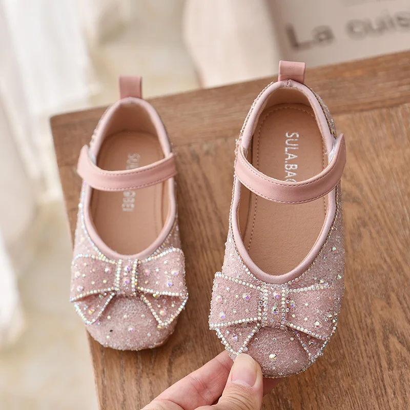 

Girls Crystal Shoes Children Flats Kids Dress Shoes Bling Glitter Leather Shoes for Wedding Party Princess Sweet Bow-knot Spring