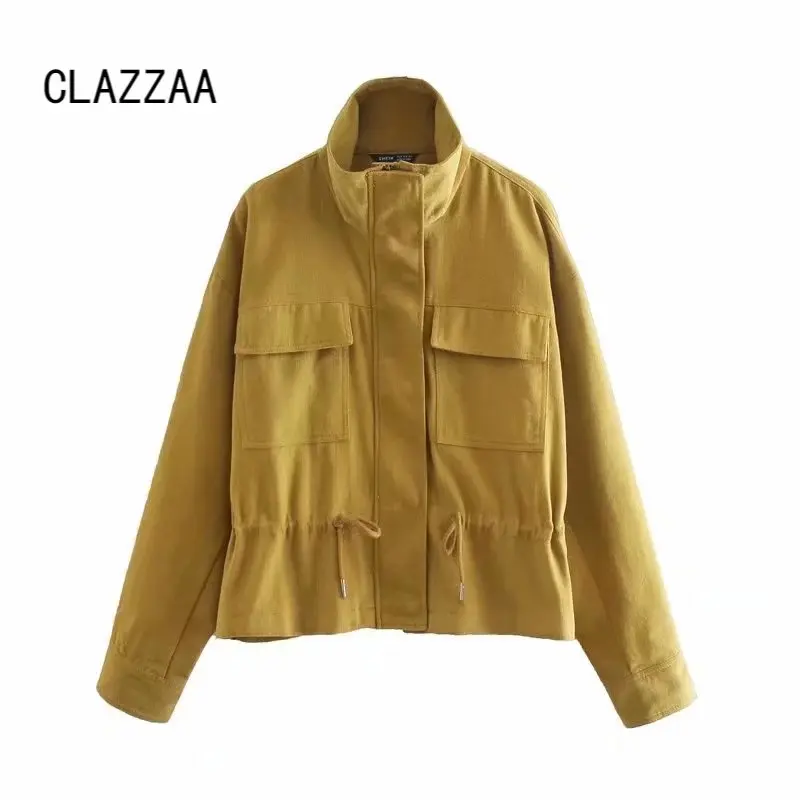 

Clazzaa Women Fashion Front Zipper Draw String Jacket With Pockets Vintage Long Sleeves High Neck Female Coat Chic Outfit
