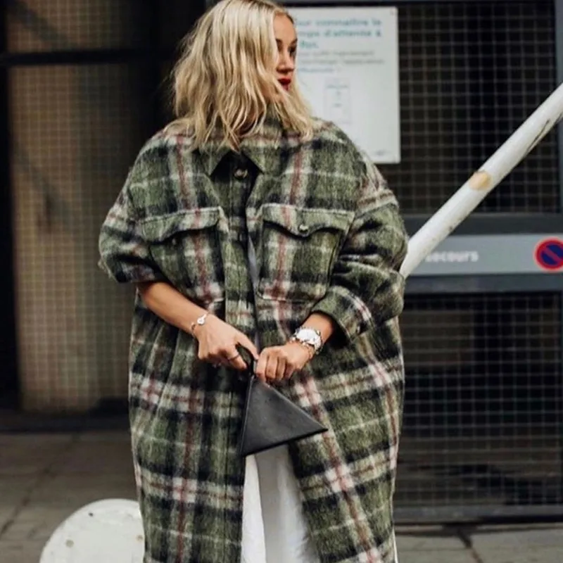 

Women Coats Warm Fashion Lattice Outline Coat Suiting Coat Retro Fashion Wool Lattice Loose Winter Long Style Trench Coat