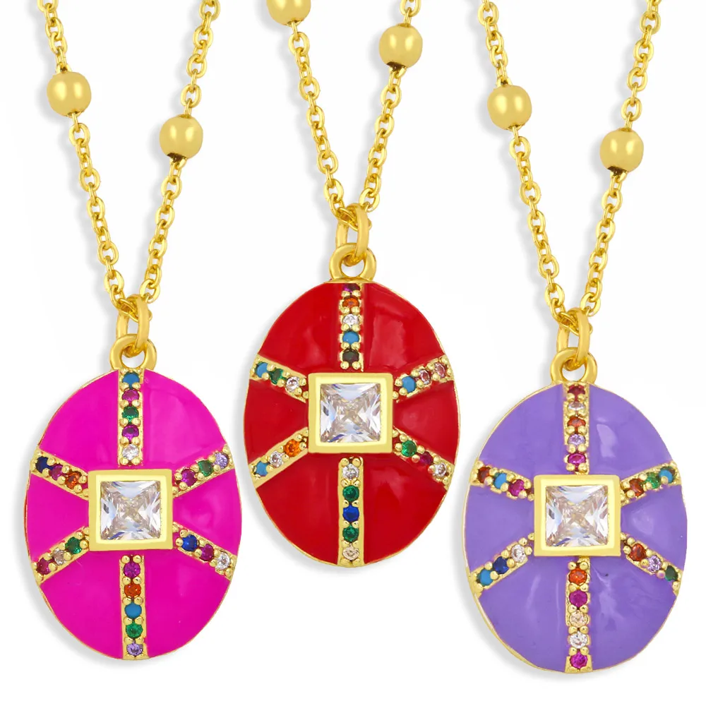 

New Fashion Crystal Oval Pendant Necklace for Women Enamel Rainbow Jewelry Gold Plated Rosary Necklaces Gifts nkez68