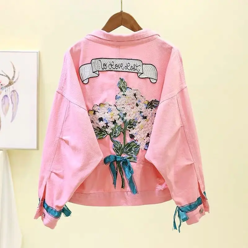 

2020 Female Spring Autumn Streetwear StyleWomen's Denim Jacket Coat Flowers Embroidery Hole BF Jeans Outwear Loose Cowboy S141