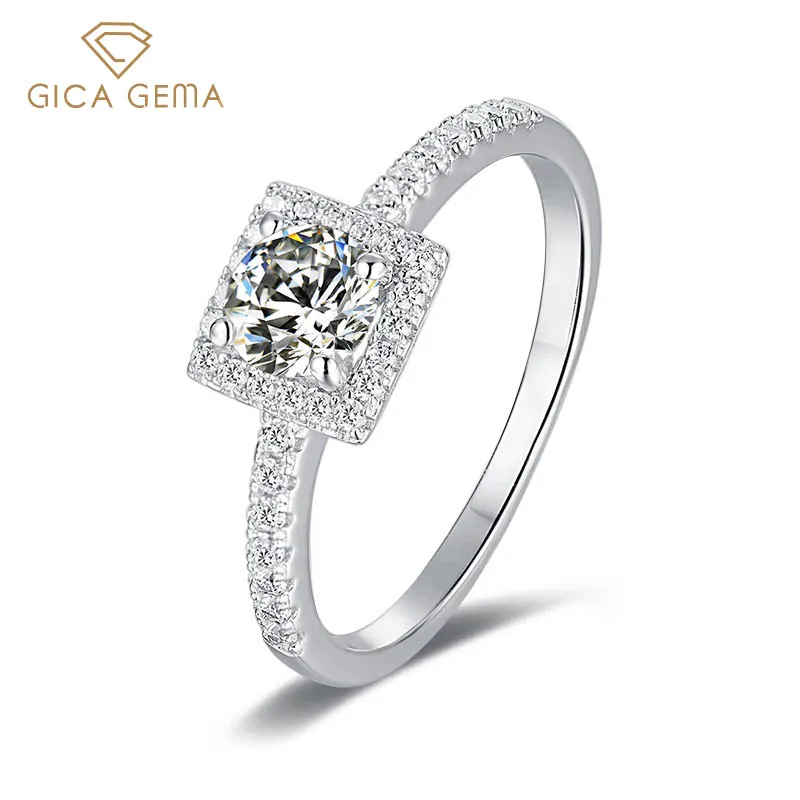 

GICA GEMA 925 Sterling Silver Moissanite Rings For Women Round Cut 5.0mm Square Wedding Engagement Anniversary Lady Gifts