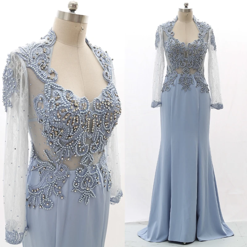 Stock Clean Long Mermaid Sexy Prom Dresses Full Beads Long Sleeves Evening Gown 210226-051
