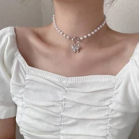 hollow rhinestone butterfly pendant necklace for women sweet simulated pearl collar chain necklace choker party fahion jewelry