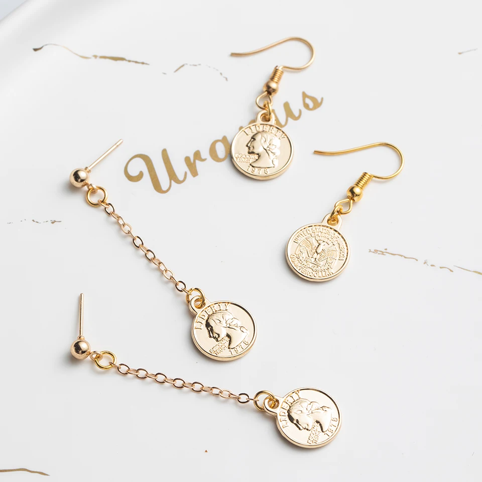 Romantic Sweet Cute Golden Copper Coins Shape Dangling Earrings For Women And Girls Wedding Engagement Accessories Ear Ornaments | Украшения