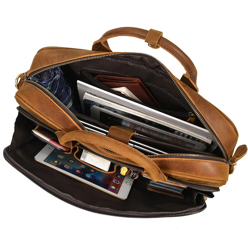 

100% Genuine Leather Briefcase Men Vintage Real Leather Crossbody Messenger Shoulder Business 15" Laptop Work Bag Office Handbag
