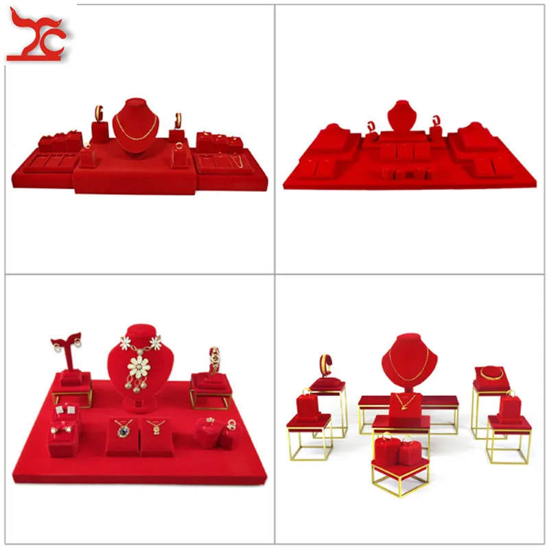 Quality Red Velvet Jewelry Display Holder Wedding Ring Necklace Bracelet Organizer Storage Stand Store Counter Showcase