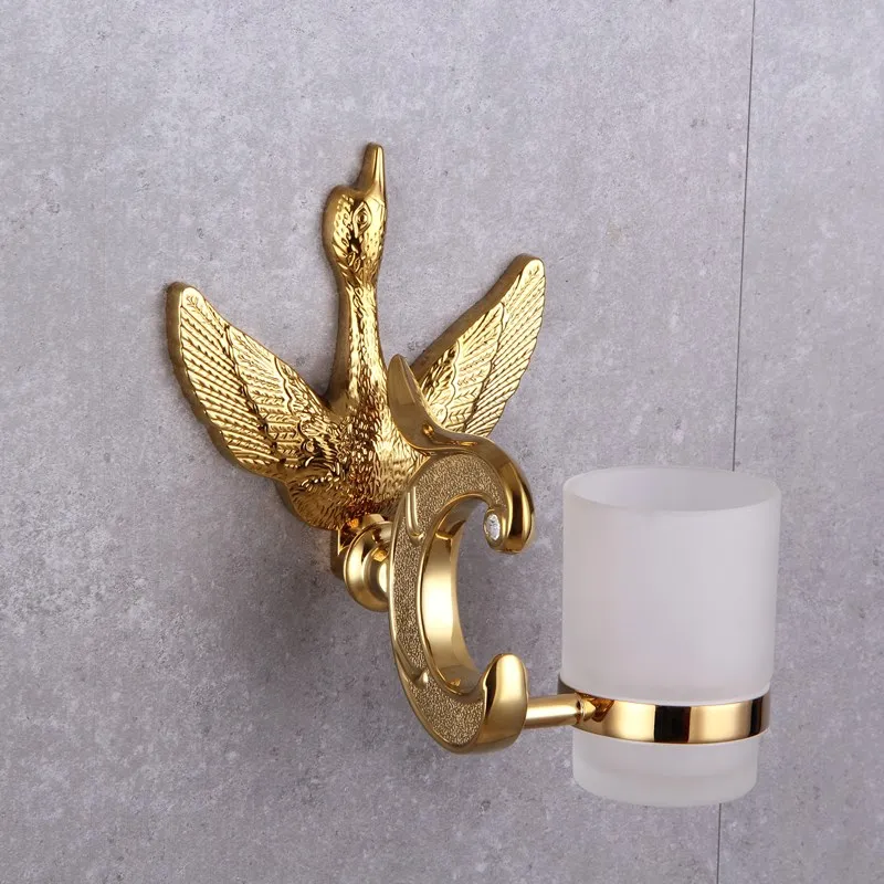

2021 Crystal Gold Swan Toothbrush Holder Solid Brass Thumbler with Glass Cups Wall Mounted Luxury Bathroom Accessories