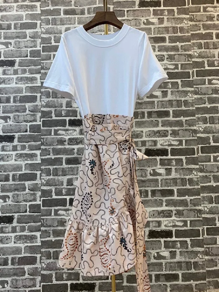 

100%Cotton Women's Dress 2021 Summer Fashion Ladies O-Neck Color Block Patchwork Short Sleeve Mid-Calf Casual Vintage Dress