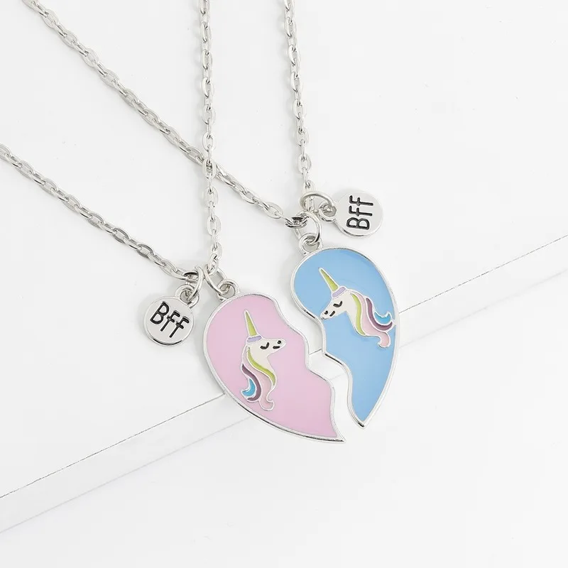 2 Piece Set of Best Friend BFF Broken Heart with Unicorn Pattern Stitching Pendant Chain Friendship Clavicle Necklace images - 6