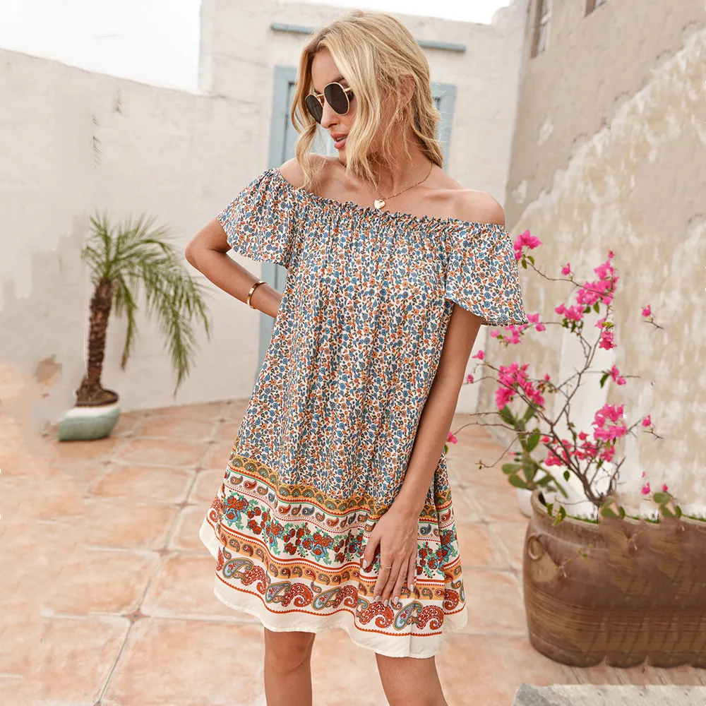 

2021 Summer New Style Bohemian Holiday Style One-Neck Short-Sleeved Floral Dress For Women Fashion Loose Pullover Mini Dress