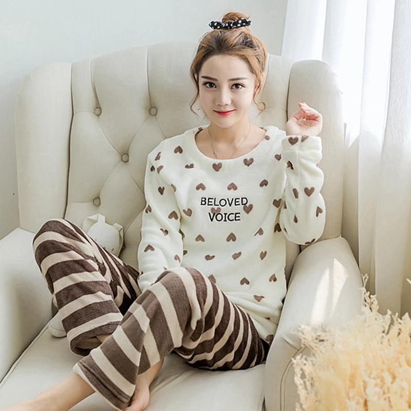 

Pink Kawaii Pajama Flannel 2 Piece Women Sleepwear Winter Negligee Plants Plus Lingere Nightgwear for Teen Girls