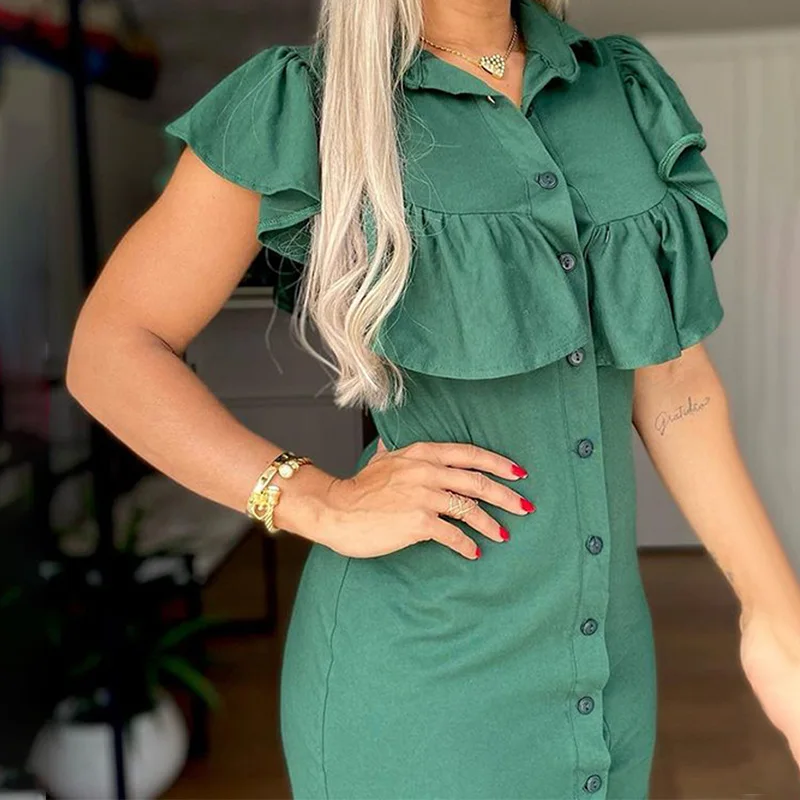 

Women Mini Dress Ruffles Short Sleeve Ladies Dresses Single Breasted Turn Down Collar Slim Solid Summer Fashion Casual Vestidos