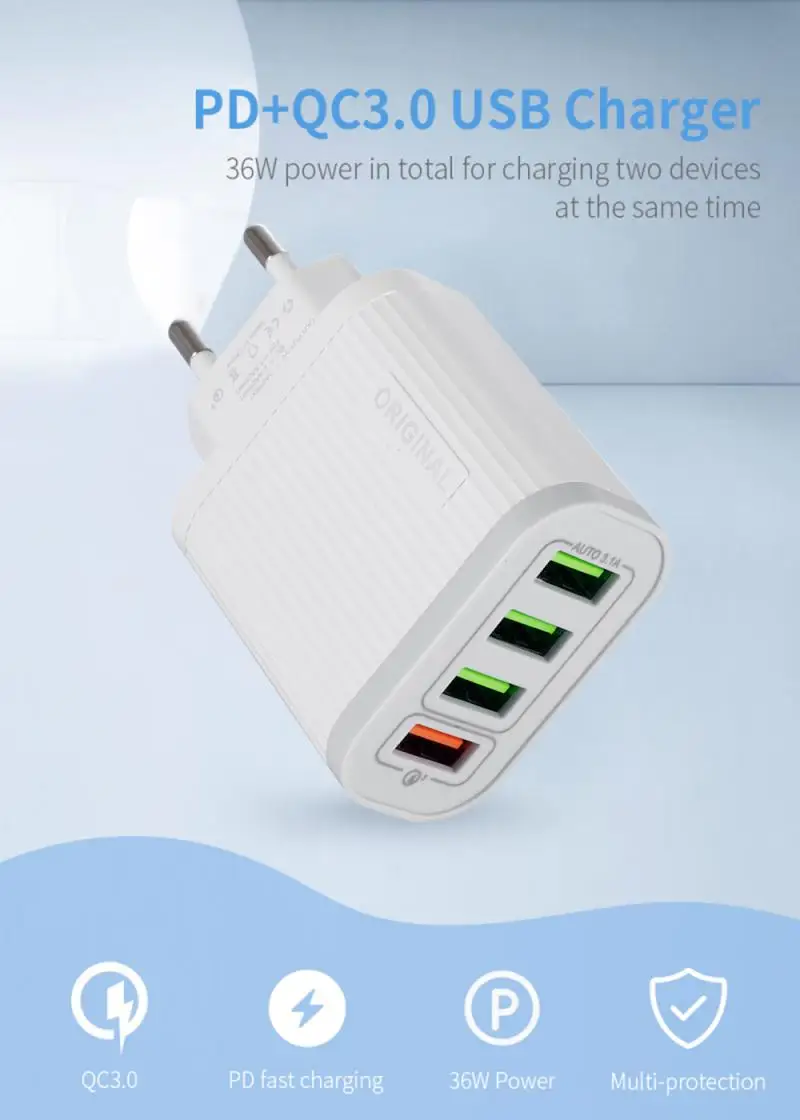 EU/US Plug USB Charger 3A Quik Charge 3.0 Mobile Phone Charger For iPhone 12 Samsung Xiaomi redmi 4 Port Fast Wall Chargers