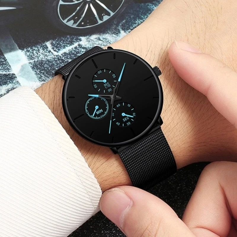 

reloj hombre Mens Fashion Watches Stainless Steel Mesh Belt Quartz Wristwatch Men Business Leather Strap Watch relogio masculino