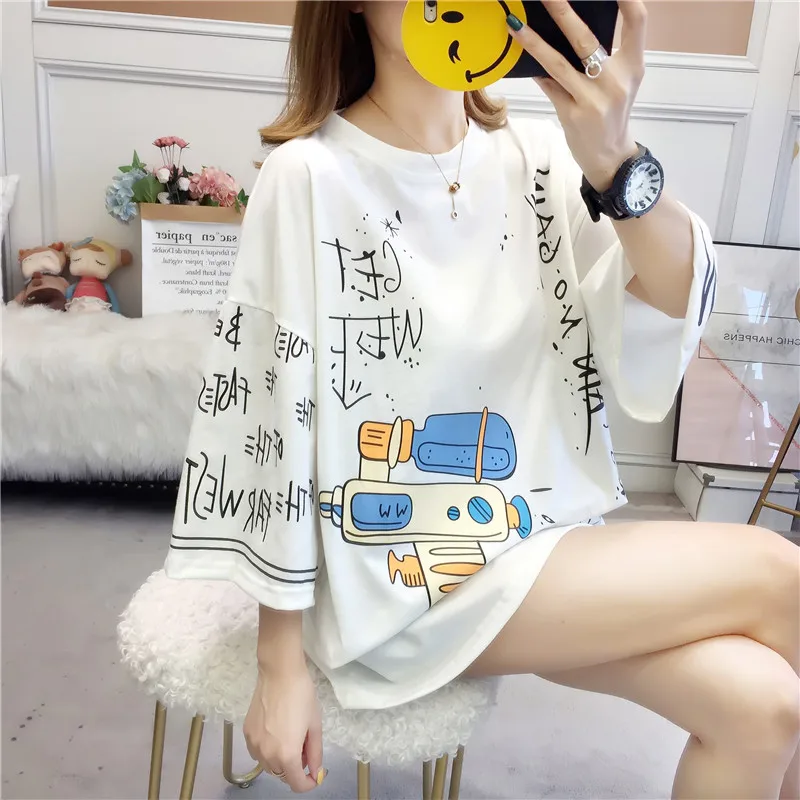 Летние футболки Harajukuu модная свободная футболка с круглым вырезом и принтом в