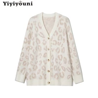 yiyiyouni printed v neck knit cardigans women autumn winter single breasted casual leopard sweaters female loose cardigans 2021