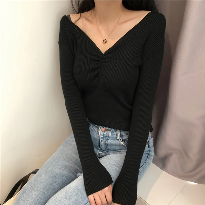 

CN 2021 Autumn Winter Women Sweater Fashion New Sexy V Neck Long Sleeve knitted Slim Fit Solid Color Basic Sweater Women