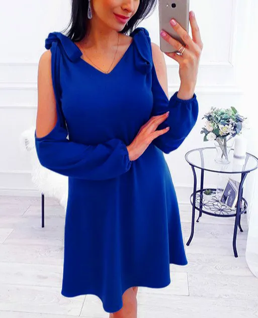 Женское Повседневное платье с открытыми плечами голубое Бандажное