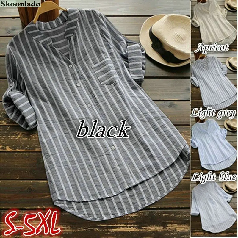 Summer Shirt Women Cotton Linen Tops Long Sleeve Oversize Lady Office Working Blouse Striped Classic Formal Blouses 2022 | Женская