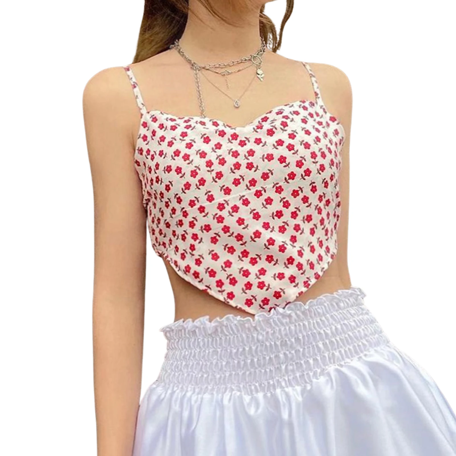 

Женский летний топ с асимметричным подолом, милый топ без рукавов с цветочным принтом для девушек, облегающая Базовая рубашка с открытым жи...