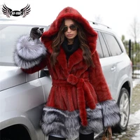 women fashion genuine mink fur coat with big hood luxury red natural mink fur coat real with sliver fox fur bottom and collar