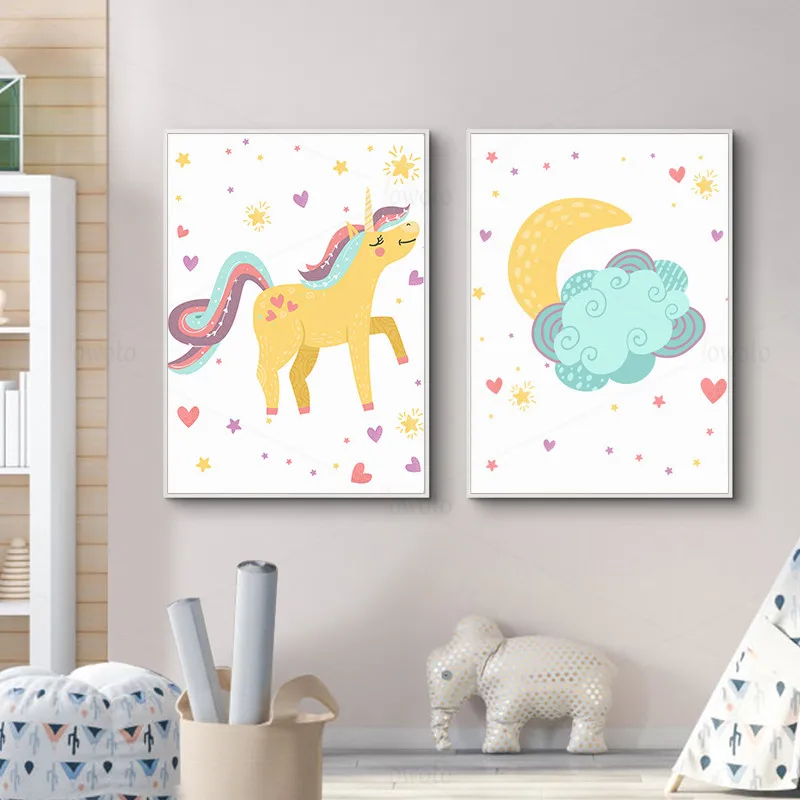 Цвет желтый розовый Постер с единорогом Детская Wall Art фотографии принтом