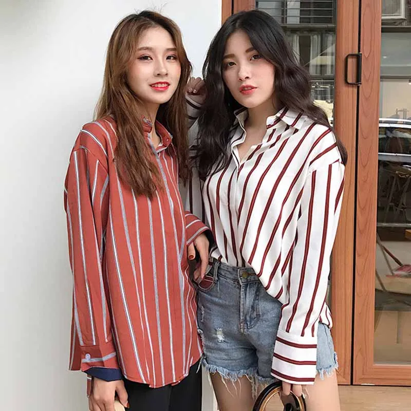Женские рубашки в полоску свободные универсальные с отложным воротником Harajuku BF