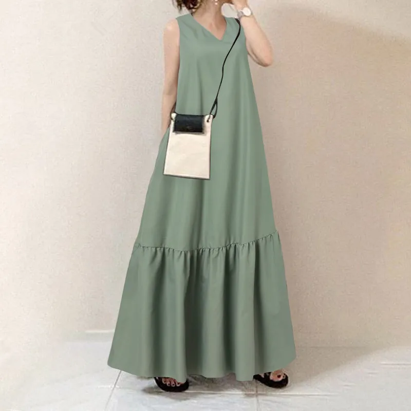 

Tank Dress Summer 2021 Solid Simple Causle Ruffle V Neck A Line Long Dreses Women Green Black Loose 3XL Plus Size Clothing
