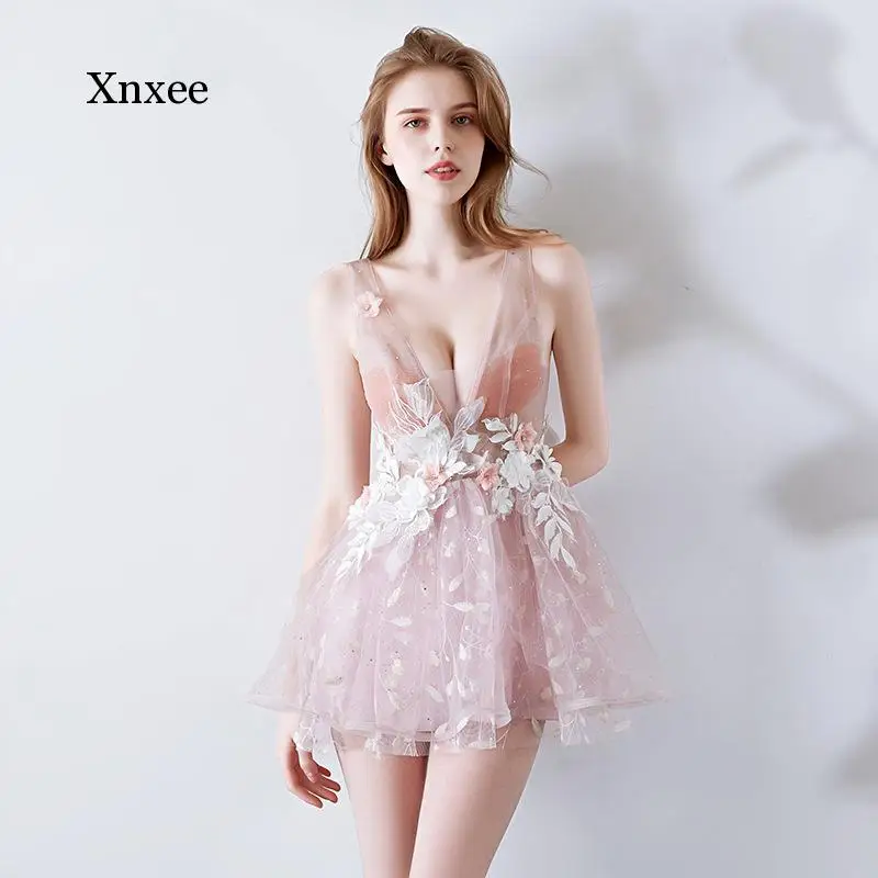 

Кружевное шифоновое сексуальное ТРАПЕЦИЕВИДНОЕ мини-платье, милое модное платье для девушек с вышивкой, глубоким V-образным вырезом и откры...