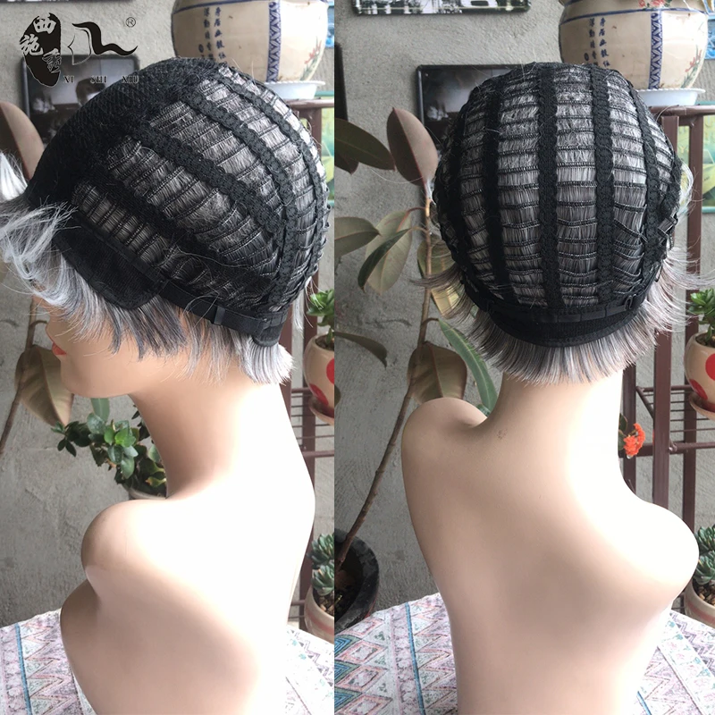

XISHIXIUHAIR Women's Wig Short Straight Pixie Cut Natural Hai Synthetic Capless Wig Ombre Gray Color