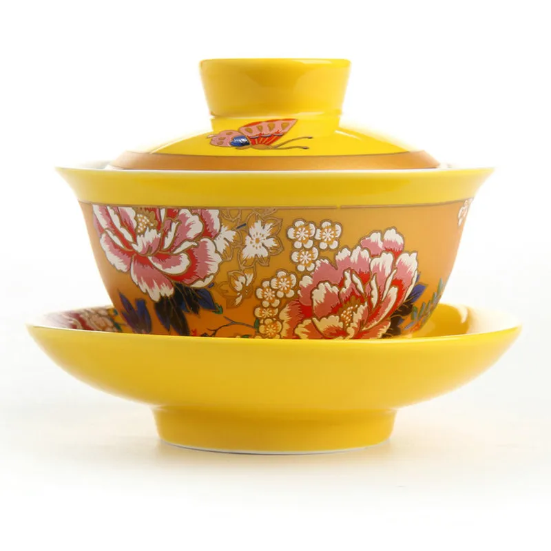 Tueen-cuenco de té amarillo antiguo, taza de flor roja para boda, bandeja de cerámica gaiwan, porcelana, para bodas, regalo para recién nacidos