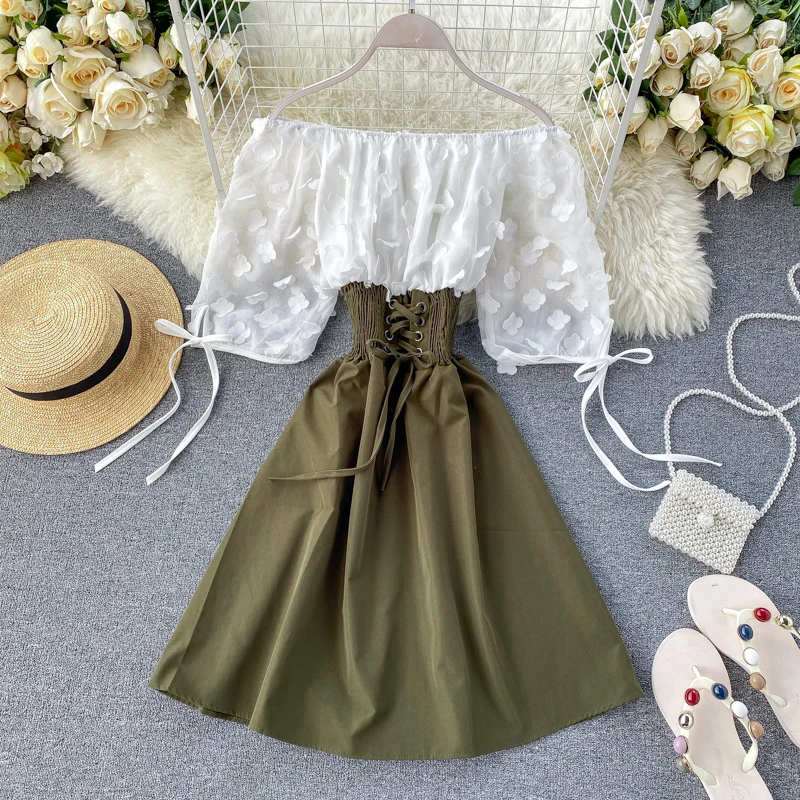 

2020 Sexy Off Shoulder patchwork Summer Short Dress Party flower chiffon Slim waist lace up Women casual A-Line beach dress